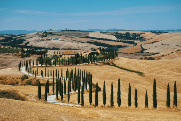 Beautiful Tuscan countryside with a winding, cypress-lined road and rustic villa under a blue sky.